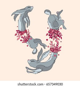 rabbits with vector red flowers