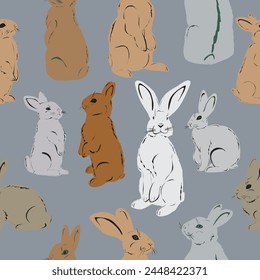 Rabbits vector seamless pattern, vintage	