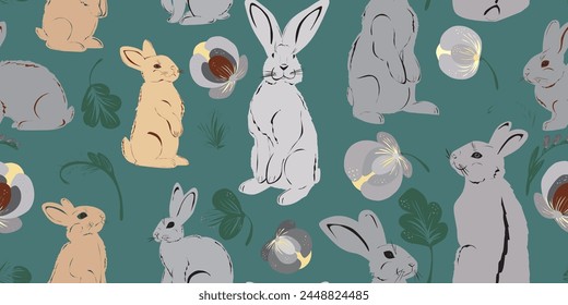 Rabbits vector seamless pattern, vintage
