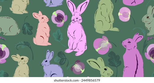 Rabbits vector seamless pattern, vintage	
