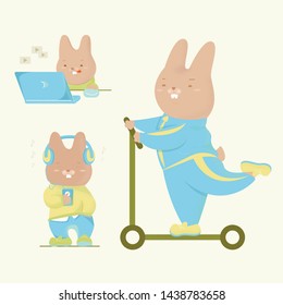 Rabbits watch video, listen music, riding a skateboard