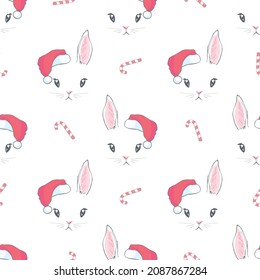 Rabbits wearing Santa's hats, cute vector, seamless pattern, bunny illustration