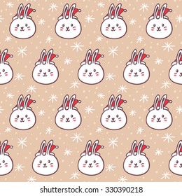 Rabbits wearing Santa's hats, cute vector seamless pattern on snowy background 