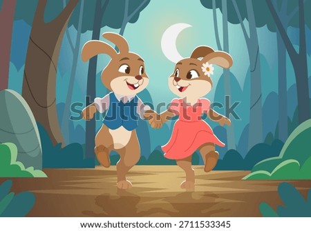 Rabbits. wild animals walking in moonlight forest hands holding. lovers background