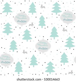 rabbits wild life forest with animals cartoon style pastel mint turquoise seasonal winter seamless pattern on white background with wishes in English