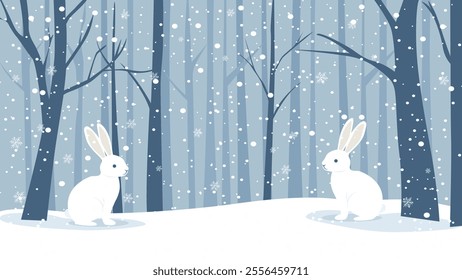 Rabbits in the winter forest. Beautiful winter snowy forest frame. Winter forest landscape with cute hares in the snowdrifts. White hares. Christmas nature vector illustration.