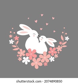 Rabbits in a wreath of flowers. Bunny mother and baby with flowers.