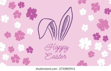 Orejas de conejo con flores, Feliz Pascua. Ilustración dibujada a mano.	