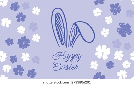 Orejas de conejo con flores en azul, Feliz Pascua. Ilustración dibujada a mano.
