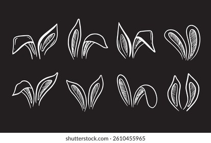 Rabbits's ears set on black, Happy Easter, Hand drawn illustration.	
