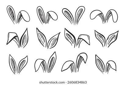 Rabbits's ears set on white, Happy Easter, Hand drawn illustration.	