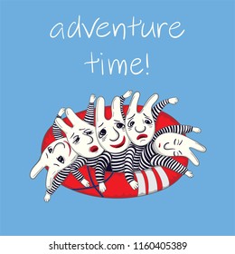 Rabbits-sailors inside the red lifebuoy. With the sign "Adventure time". Vector illustration.