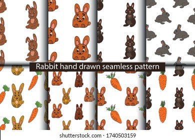 Rabbitt flat hand drawn seamless pattern. Cute cartoon animal character on background. Wild animal vector seamless pattern