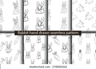 Rabbitt flat hand drawn seamless pattern. Cute cartoon animal character on background. Wild animal vector seamless pattern