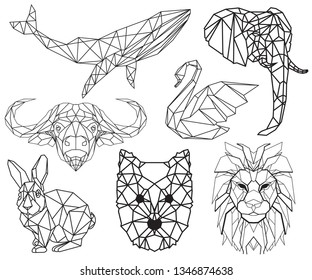 rabbit,Whale,lion,swan,Dog,buffalo,elephant geometric line art design vector