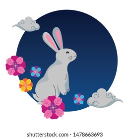 Rabbiy with flowers and clouds on round icon ,vector illustration graphic design.