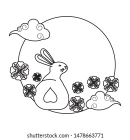 Rabbiy with flowers and clouds on round icon ,vector illustration graphic design.