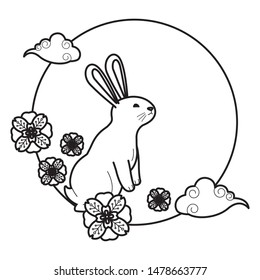 Rabbiy with flowers and clouds on round icon ,vector illustration graphic design.