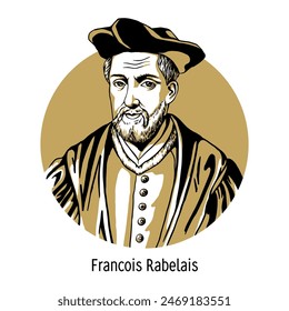 François Rabelais was a French writer, editor, physician, theologian, monk, philologist, and mathematician. Hand-drawn vector illustration