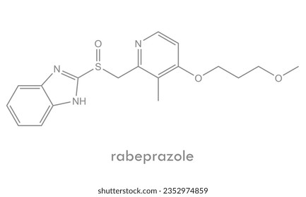 Estructura de rabeprazol. Molécula de un fármaco inhibidor de la bomba de protones. Se utiliza en úlceras pépticas, enfermedad de reflujo, Helicobacter pylori y otras enfermedades. 
