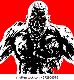 rabid zombie attack in black and white colors on red background. vector illustration