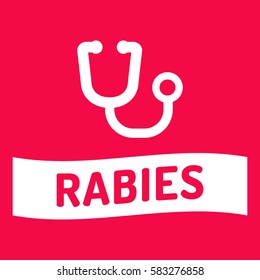 Rabies. Ribbon with stethoscope icon. Flat vector illustration on red background.