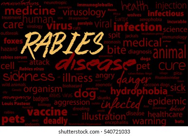 Rabies - viral incurable disease of humans and animals. Health care word text block.