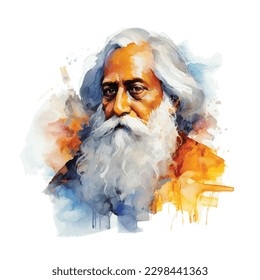 Rabindranath Tagore colourful illustration in oil painting on white background.