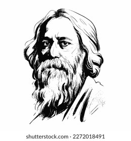 Rabindranath Tagore illustration. A well known poet, writer, playwright, composer, philosopher, social reformer and painter from India.