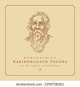 Rabindranath Tagore Jayanti celebration greetings with hand drawn illustration of Rabindranath Tagore in engraving style.