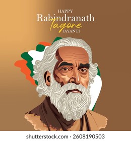 Rabindranath Tagore Jayanti Greeting Illustration – Famous Indian Poet Portrait with Indian Flag – Celebrating Indian Literature, Culture, and Artistic Heritage
