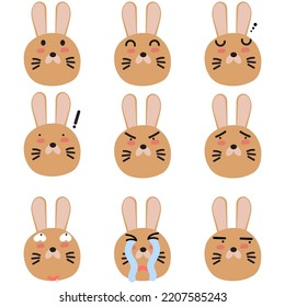 Rabit face mood. Present of face Still, Smile, Sleep, Angry, Sad, Confused, Obscene, Cry, Glance.
Cute Wildlife Animal Character Vector Illustration.