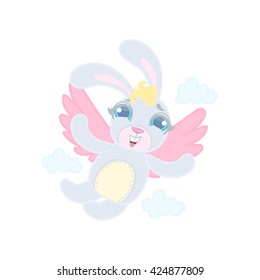 Rabit With Wings Flying Illustration In Cute Girly Cartoon Style Isolated On White Background