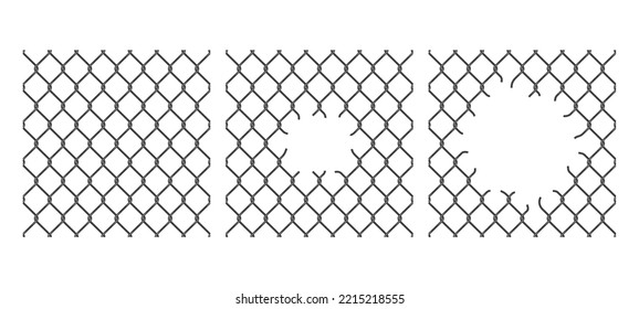 Rabitz chain link pattern background. Whole and ripped fence mesh. Metal mesh realistic texture or steel braided grate 3d vector background. Metallic chain link pattern with hole, gap or breach