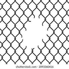 Rabitz chain-link, ripped fence mesh pattern, vector background. Iron metal wire fence or rabitz chain link net, with broken hole or break-in damage of cage, or prison and jail security barrier