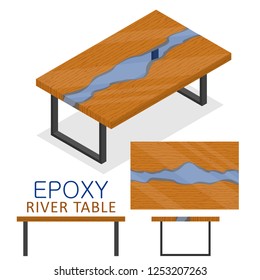 Rable Made Of Wood And Transparent Epoxy Resin. Isometric Epoxy River Table Furniture Loft Design Style Isolated On White Background. Vector Illustration