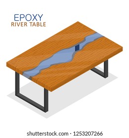 Rable made of wood and transparent epoxy resin. Isometric Epoxy river table furniture loft design style isolated on white background. Vector illustration