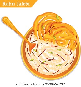 Rabri Jalebi Bowl Garnished with Saffron, Almonds and Pistachio - Indian Dessert Top View Illustration 