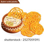 Rabri In Matka Mud Pot with Jalebis. Garnished with Pistachio, Almonds and Saffron. Indian Street Dessert Illustration 