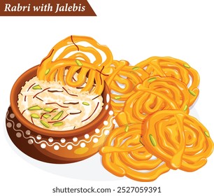 Rabri En Matka Mud Pot con Jalebis. Decorado con pistacho, almendras y azafrán. Ilustración de postre de la calle india 