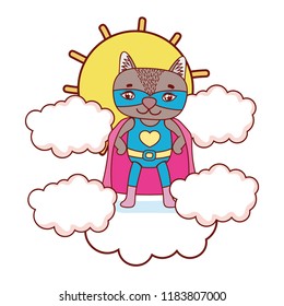 raccon with costume mask and cape in the clouds with sun