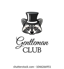 Raccon gentleman in top hat. Gentleman club text. Vector illustration. Cartoon Animal.