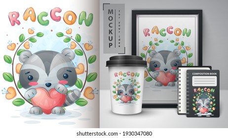 Raccon with heart poster and merchandising. Vector eps 10