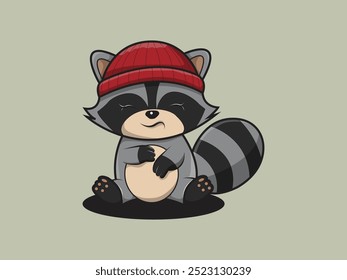 um raccon usando um chapéu de malha vermelha