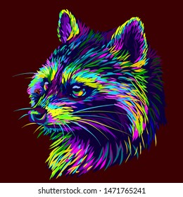 Raccoon. Abstract graphic multi-colored portrait of a raccoon on a dark brown background.