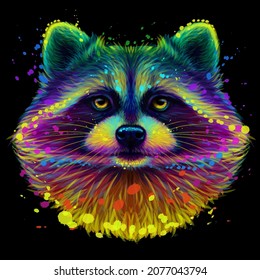 Raccoon. Abstract, neon, multi-colored portrait of a raccoon in the style of pop art on a black background. Digital vector graphics.