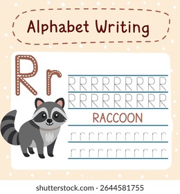 Planilha de rastreamento de alfabeto raccoon para pré-escolares