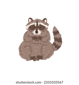 Caricatura de Raccoon American en mamífero caricatura de ilustración plana vectorial aislada en fondo blanco. El mapache se sienta en sus garras, un animal en pleno crecimiento.