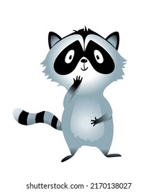 Raccoon Animal Character For Kids Isolated Clipart On White. Baby Racoon Character With Tail, Illustration For Children. Vector Animals Cartoon.