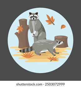 Raccoon Animal Couple Flat Vector Colorful with Autumn Nature Background Elements